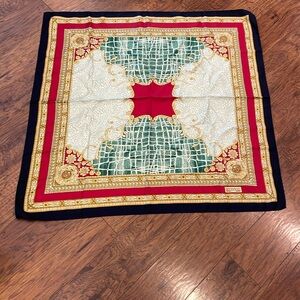 Devernois Made in Paris Silk Rolled Edge Scarf Red Blue Green & Gold Print